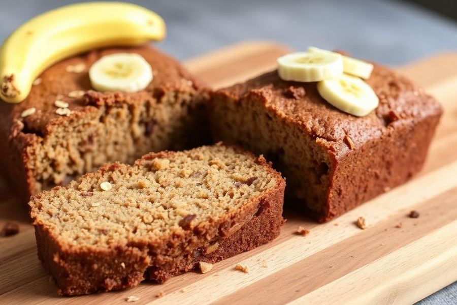 Bolo de banana sem farinha de trigo fatiado sobre tábua de madeira