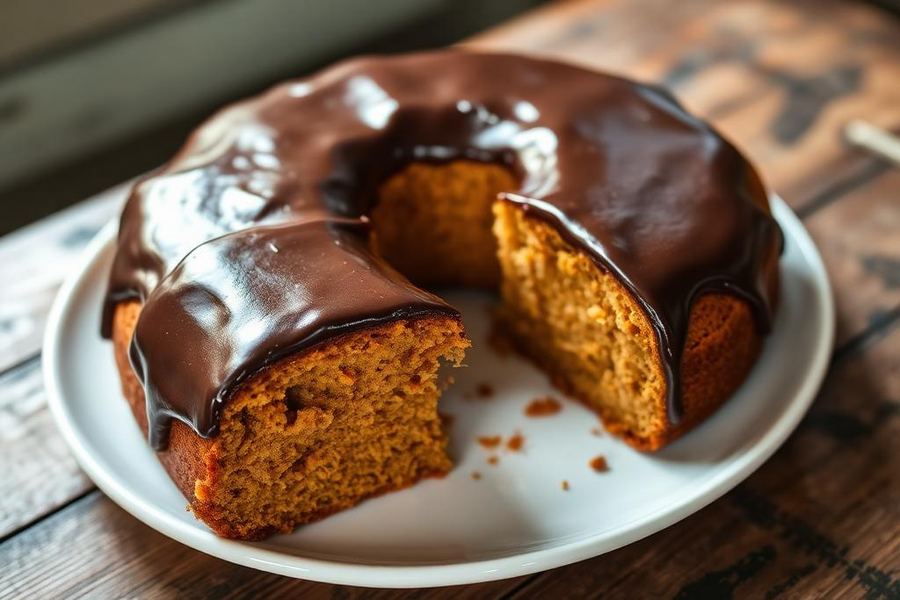 Bolo de cenoura com cobertura de chocolate em um prato branco