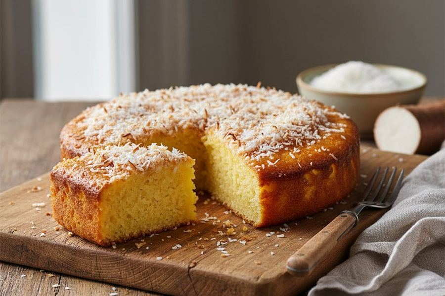 Bolo de mandioca de cor dourada, textura úmida e pedaços visíveis de coco ralado por cima