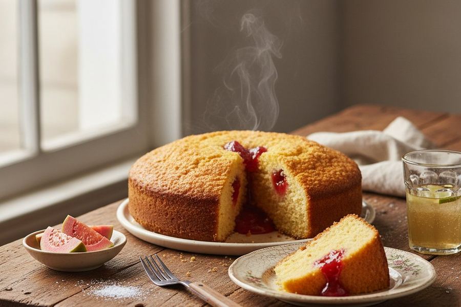 Bolo de fubá amarelo intenso com cubos de goiabada derretida no topo e polvilhado com açúcar