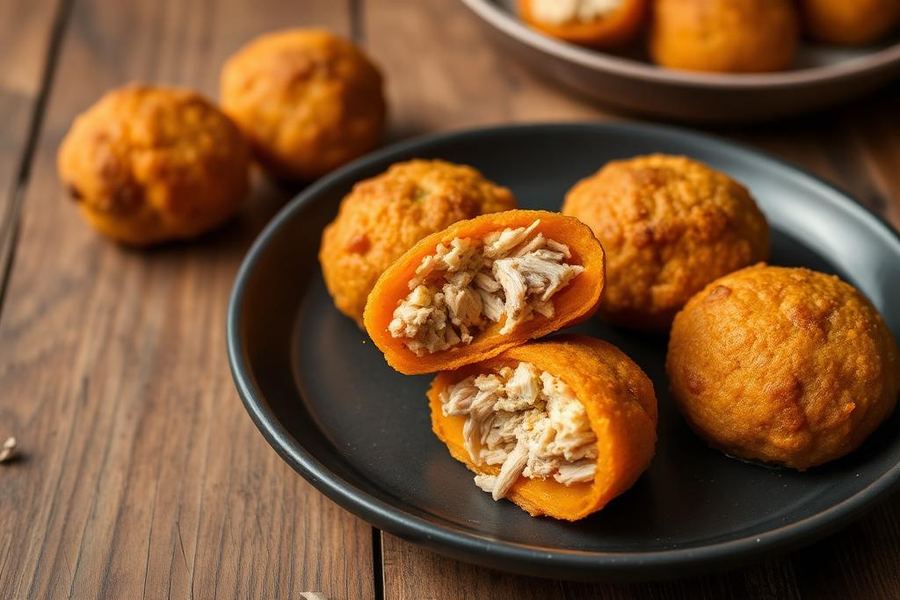 Coxinhas de batata-doce assadas com recheio de frango desfiado
