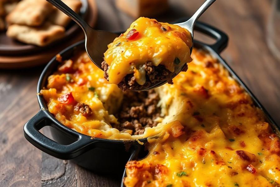 Escondidinho de carne moída gratinado em travessa preta