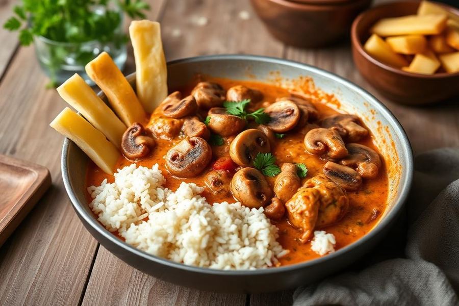 Estrogonofe de frango cremoso com champignon servido com arroz
