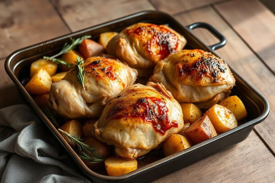 Coxas de frango assadas com batatas douradas e alecrim em assadeira