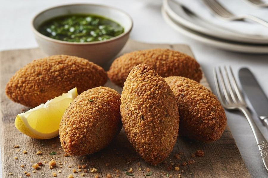 Kibes fritos dispostos em uma travessa com fatias de limão e folhas de hortelã