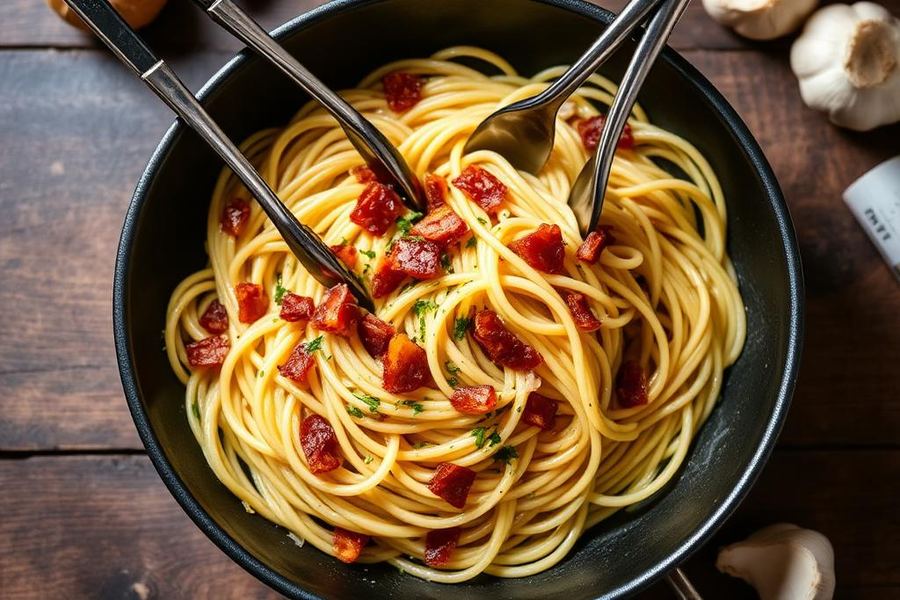 Macarrão ao alho e óleo com bacon crocante em frigideira preta