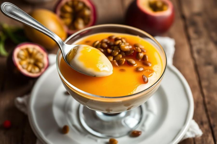 Mousse de maracujá em taça de vidro com calda e sementes por cima