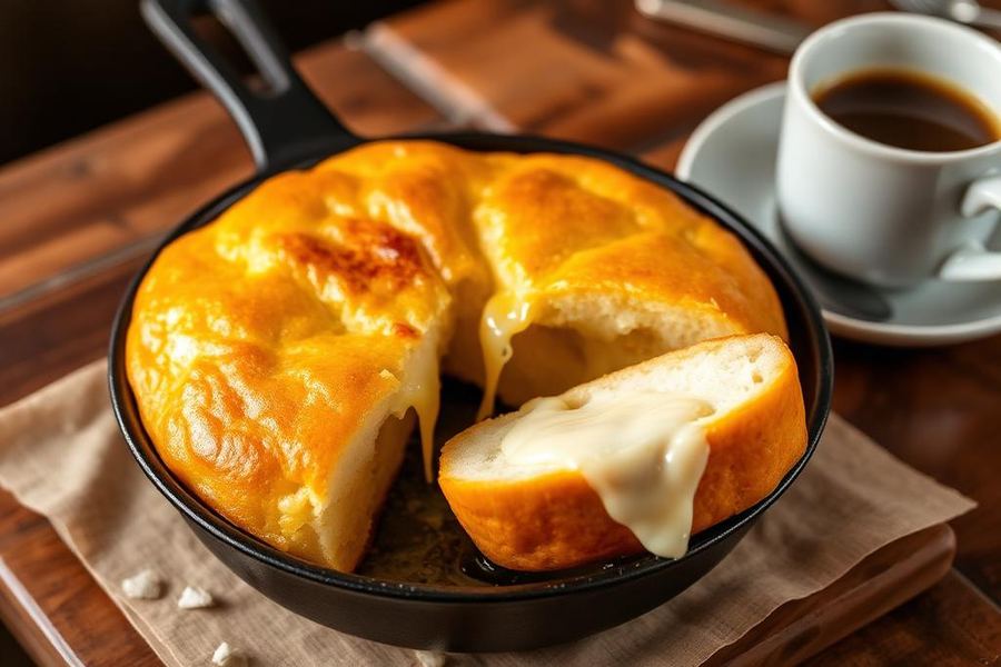 Pão de queijo feito na frigideira, dourado e com queijo derretido