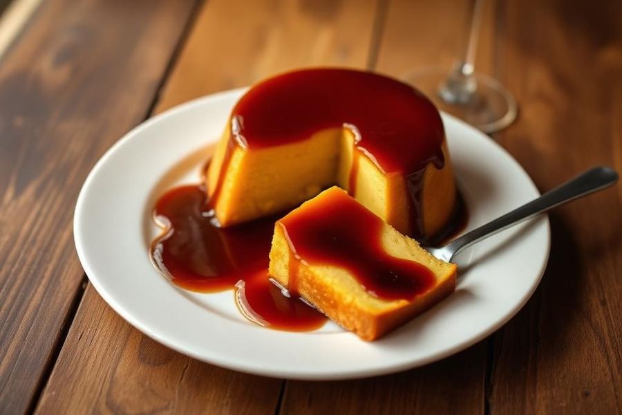 Pudim de leite condensado com calda de caramelo em prato branco