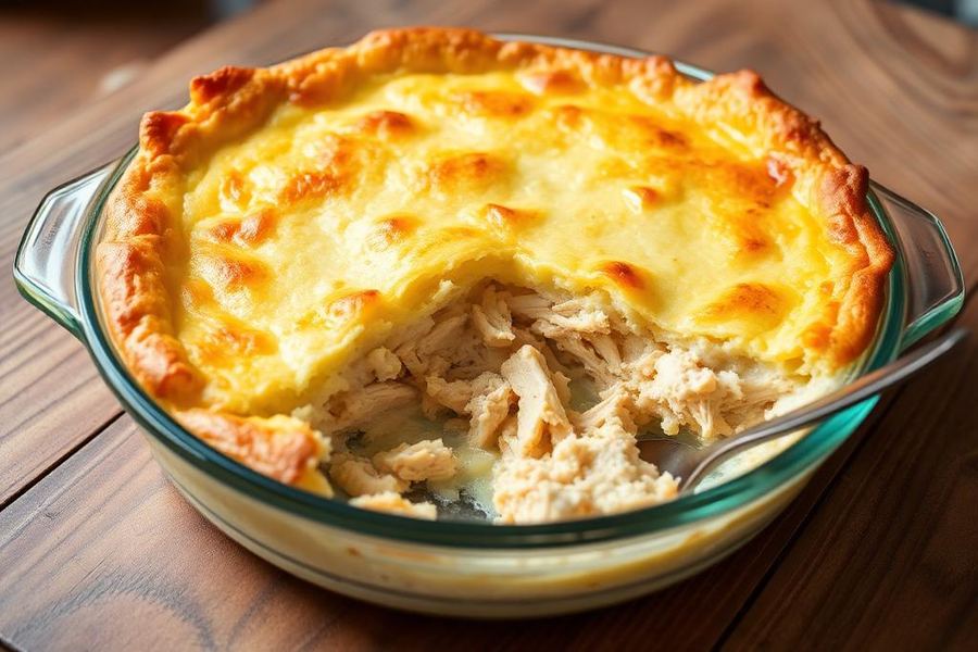 Torta de frango cremosa dourada em travessa de vidro
